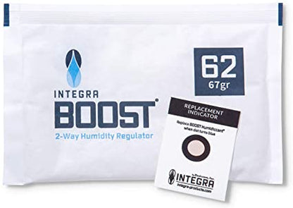 Desiccare Integra BOOST® 67 gram size 2-way humidity control packs are available in 62% RH styles and are FDA-compliant, 99% biodegradable, non-toxic and salt free. Includes humidity indicator cards; individually overwrapped