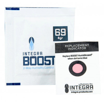 Desiccare Integra BOOST® 8 gram size 2-way humidity control packs are available in 69% RH style and FDA-compliant, 99% biodegradable, non-toxic and salt free. Includes humidity indicator cards; individually overwrapped