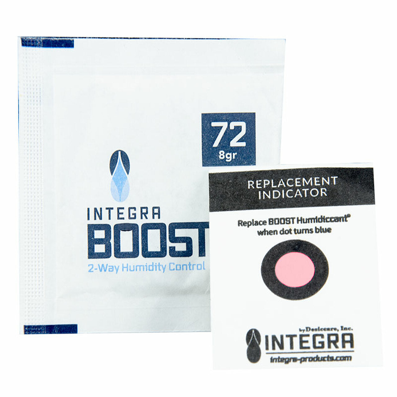 Desiccare Integra BOOST® 8 gram size 2-way humidity control packs are available in 72% RH style and FDA-compliant, 99% biodegradable, non-toxic and salt free. Includes humidity indicator cards; individually overwrapped