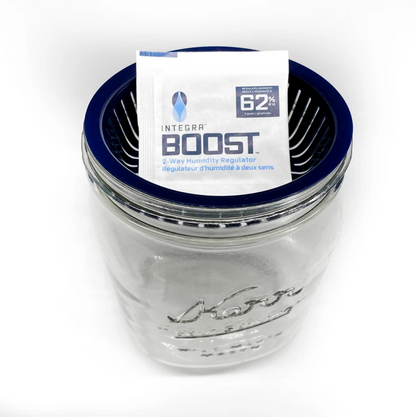 Includes 3 each Interga Boost® 4 gram 62% RH 2-way humidity control packs, 1 Kerr® Wide Mouth Jar with band, lid and 1 Kerr® Pod/P