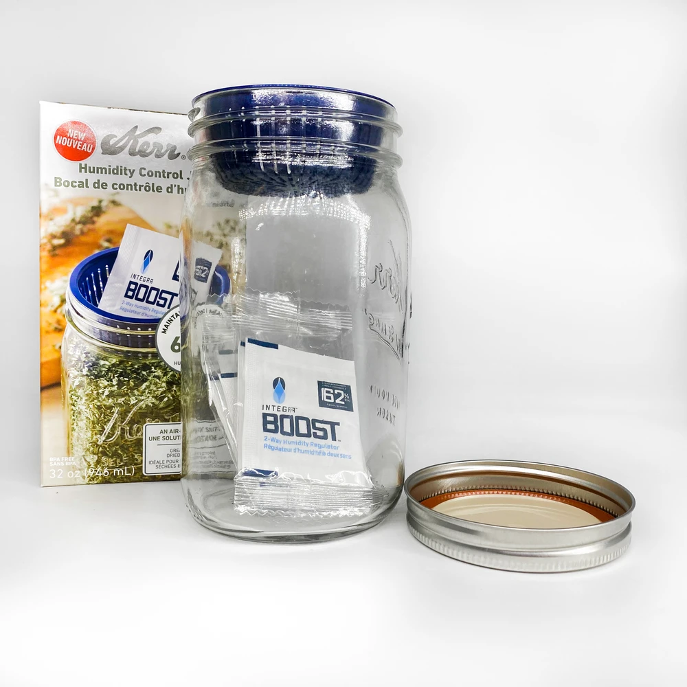 Includes 3 each Interga Boost® 4 gram 62% RH 2-way humidity control packs, 1 Kerr® Wide Mouth Jar with band, lid and 1 Kerr® Pod/P
