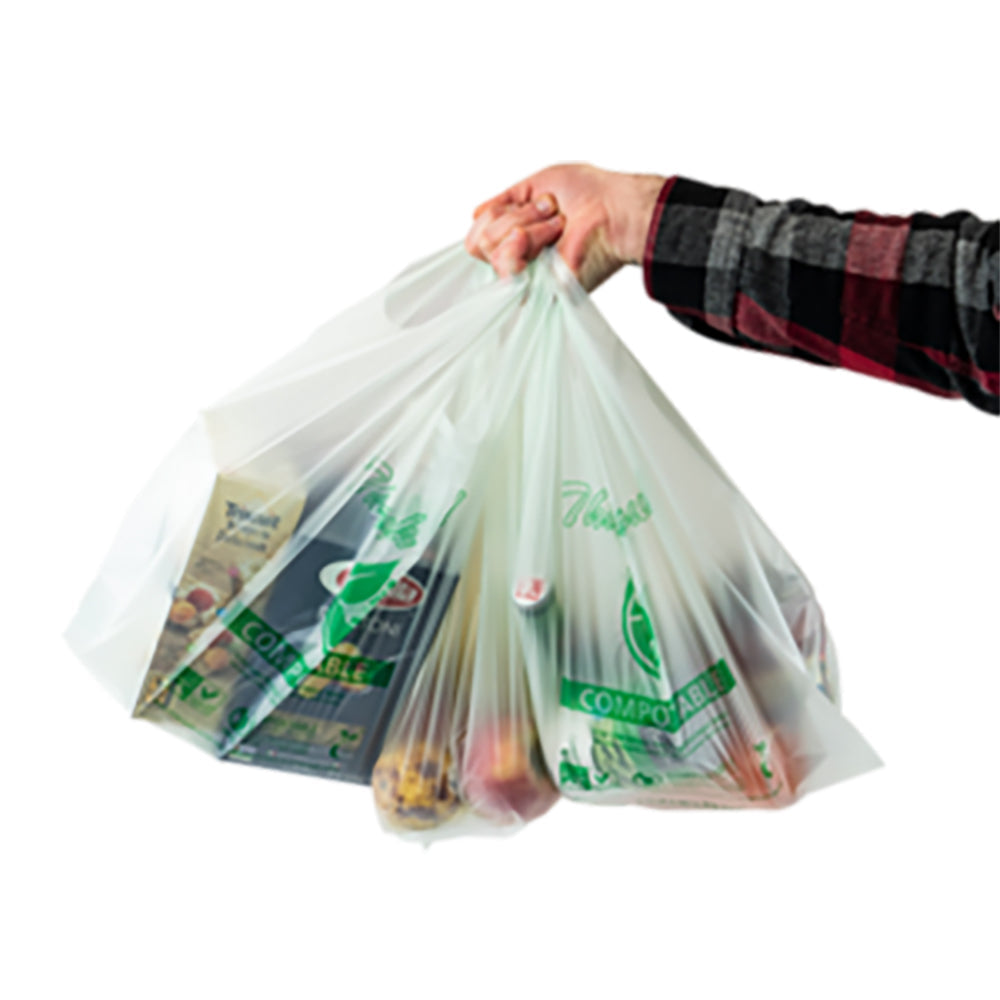 Engineered to carry heavy loads, these 18-1/2in x 21in ASTM D6400 compostable shopper bags will help reduce landfill volume, micro-plastic pollution and does not contain no BPA or PFAS. 