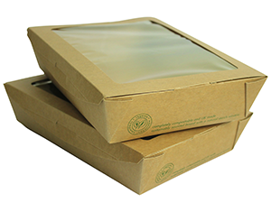Vegware™ compostable 32-ounce  kraft window salad boxes feature sustainable grease-resistant paperboard and a generous clear window that's fully laminated with plant-based PLA. 