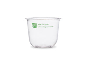 Commercially compostable 12-oz clear Bella Pots are made from plant-based PLA and are independently certified to break down in 12 weeks. Use for small portions of any foods or liquids.