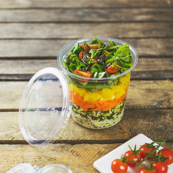Vegware™ compostable clear round 24-oz deli containers are made from PLA -an eco-friendly plastic alternative that's independently certified to break down in 12 weeks.