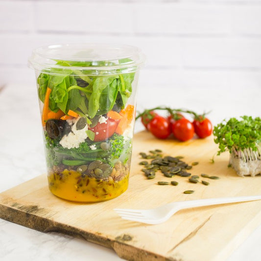 Vegware™ compostable clear round 32-oz deli containers are made from plant based PLA -an eco-friendly plastic alternative that's independently certified to break down in 12 weeks.