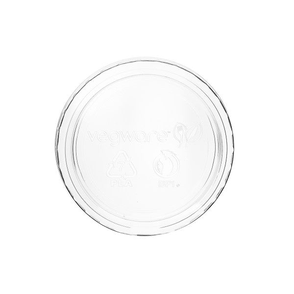 A flat round lid to fit Vegware's 2-4oz portion pots. Offers a great seal and easy stacking. Stop that sauce escaping. 