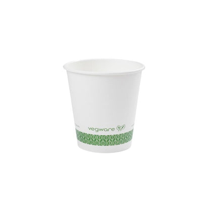 Vegware™ 89-Series commercially compostable 10-oz Single Wall Hot Paper Beverage Cups are made from sustainably sourced board and lined with plant-based PLA independently certified to break down in landfill within 12 weeks. Optional lid available.