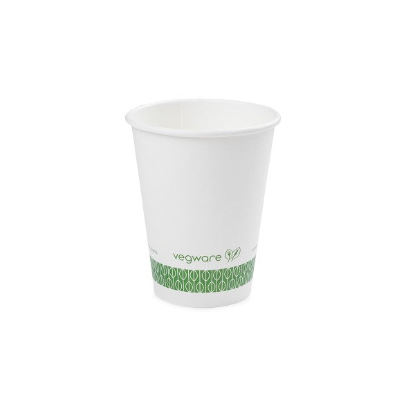 Vegware™ 89-Series commercially compostable 12-oz Single Wall Hot Paper Beverage Cups are made from sustainably sourced board and lined with plant-based PLA independently certified to break down in 12 weeks.