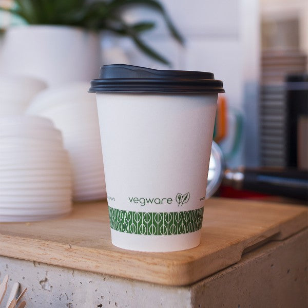Vegware™ 89-Series commercially compostable 12-oz Single Wall Hot Paper Beverage Cups are made from sustainably sourced board and lined with plant-based PLA independently certified to break down in 12 weeks.
