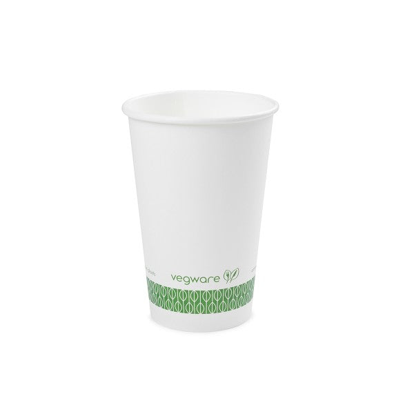 Vegware™ compostable 16-oz Single Wall Hot Paper Beverage Cups are made from sustainably sourced board and lined with plant-based PLA independently certified to break down in 12 weeks..