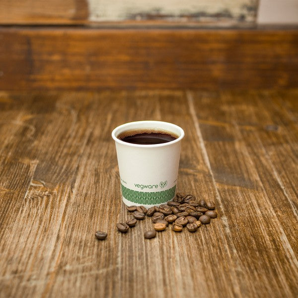 Vegware™ compostable 4-oz Single Wall Hot Beverage Cups are made from sustainably sourced board and lined with plant-based PLA independently certified to break down in landfill within 12 weeks,