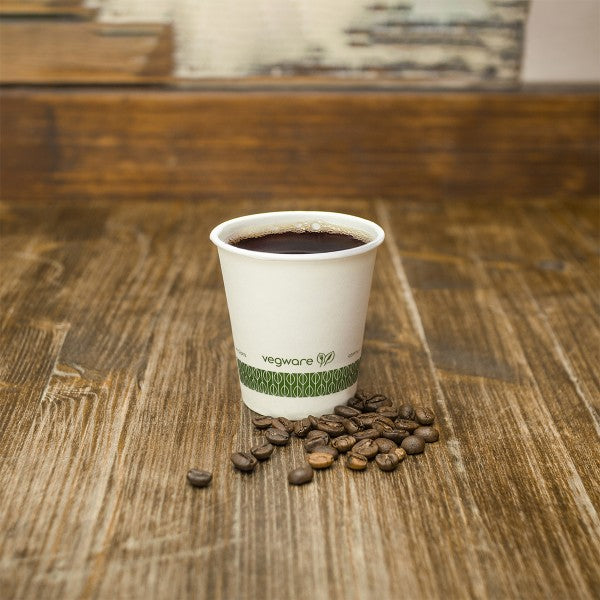 Vegware™ compostable 6-oz Single Wall Hot Beverage Cups are made from sustainably sourced board and lined with plant-based PLA independently certified to break down in 12 weeks.