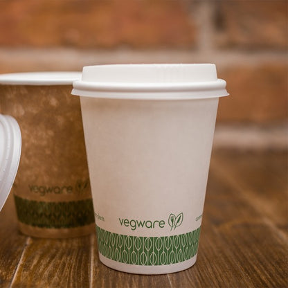 Vegware™ compostable 8-oz Single Wall Hot Paper Beverage Cups are made from sustainably sourced board and lined with plant-based PLA independently certified to break down in 12 weeks in landfill.