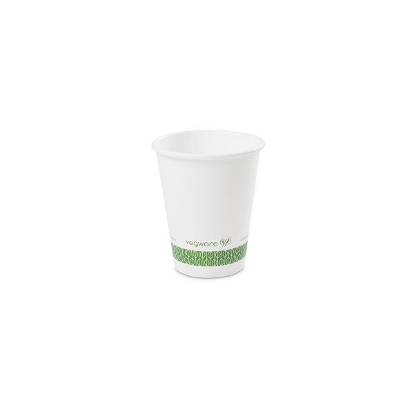 Vegware™ compostable 8-oz Single Wall Hot Paper Beverage Cups are made from sustainably sourced board and lined with plant-based PLA independently certified to break down in 12 weeks in landfill.