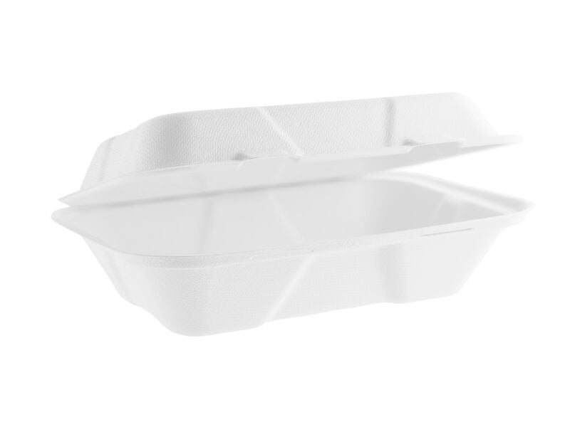Made from from reclaimed sugarcane, Vegware™ compostable 9-in x 6-in large bagasse clamshell boxes are good for hot or cold food and they're sturdy.