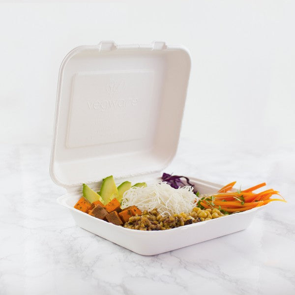 Made from from reclaimed sugarcane, these compostable 8-in Bagasse clamshell lunch boxes are good for hot or cold food and sturdy.