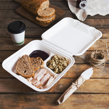 Made from from reclaimed sugarcane, these compostable 9-in, three compartment Bagasse clamshell lunch boxes are good for hot or cold food and sturdy.