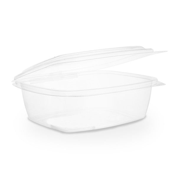 Vegware™ compostable clear rectangular 32-oz hinged deli containers with snap lids are made from PLA -an eco-friendly plastic alternative. Independently certified to break down in 12 weeks.
