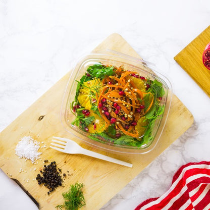 Vegware™ compostable clear rectangular 48-oz hinged deli containers with snap lids are made from plant based PLA - an eco-friendly plastic alternative. Independently certified to break down in 12 weeks.