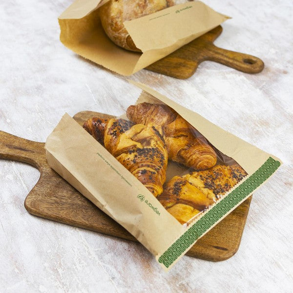 Vegware™ 10-inch x 10-inch Kraft NatureFlex window bags are  independently certified to compost within 12 weeks and perfect for hot food cabinets.