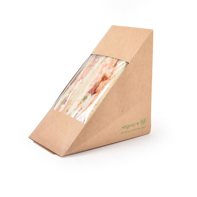 Vegware™ compostable kraft sandwich boxes feature sustainable paperboard with a grease-resistant coating and plant-based PLA clear window.