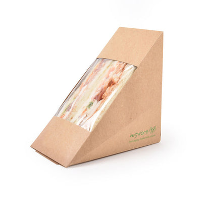 Vegware™ compostable kraft sandwich boxes feature sustainable paperboard with a grease-resistant coating and plant-based PLA clear window.