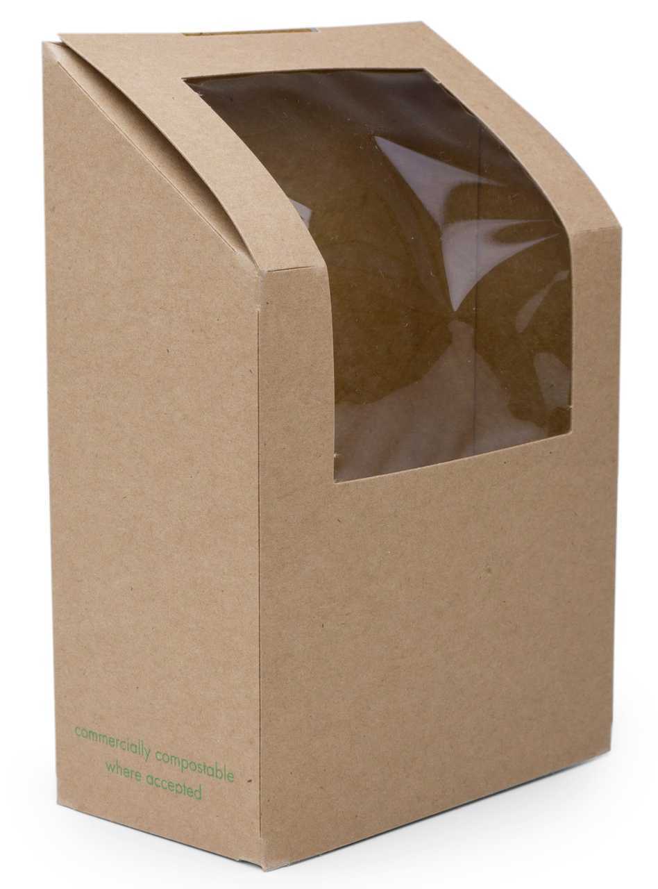 Vegware™ compostable kraft window food boxes feature sustainable grease-resistant paperboard and a generous clear window that's fully laminated with plant-based PLA. 