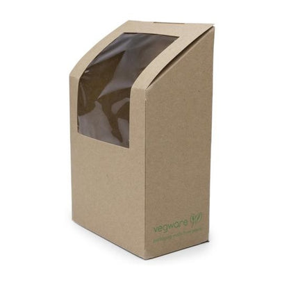 Vegware™ compostable kraft window food boxes feature sustainable grease-resistant paperboard and a generous clear window that's fully laminated with plant-based PLA. 