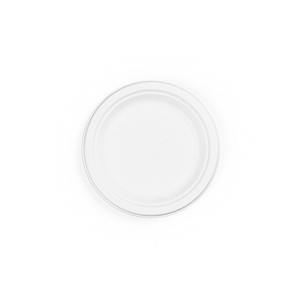 Made from from reclaimed sugarcane, these sleek, white Vegware™ compostable 7in round plates are good for hot or cold food and they're much sturdier than paper plates.