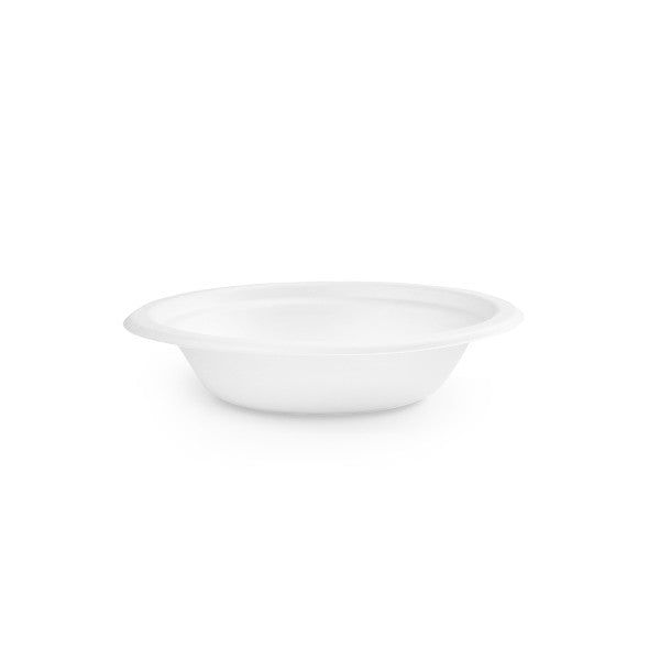 These Vegware™ stylish, sustainable white food bowls are made reclaimed sugarcane and contain less carbon. Known as Bagasse, and they're much sturdier than Styrofoam or paper bowls and commercially compostable 