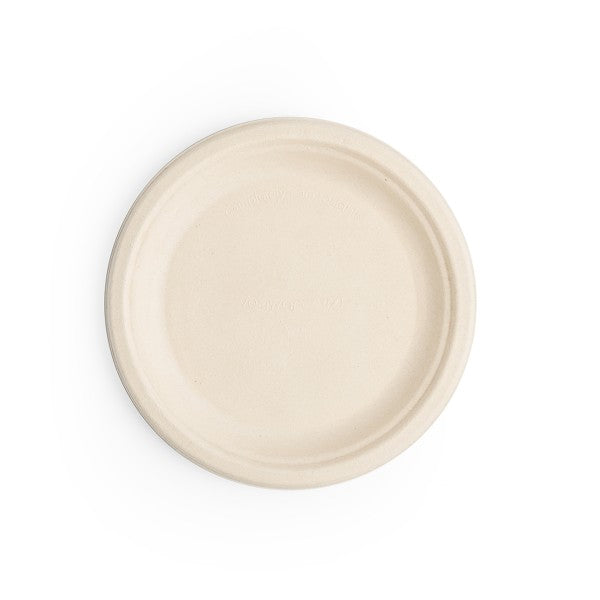 Made from reclaimed sugarcane fiber with no fluorine, these sleek, rustic finished Vegware™ compostable 7in round plates are great for cold or hot food up to 115°F and they're much sturdier than paper plates.