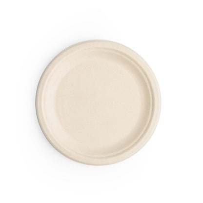 Made from from reclaimed sugarcane fiber with no fluorine, these sleek, rustic finished Vegware™ compostable 9in round plates are great for cold or hot food up to 115°F and they're much sturdier than paper plates.