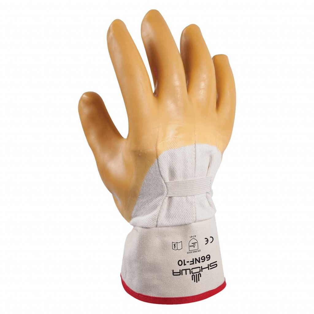 SHOWA® 66NF Natural Rubber Palm-Coated Safety Cuff Glove, Smooth Finish, White/Yellow, Large