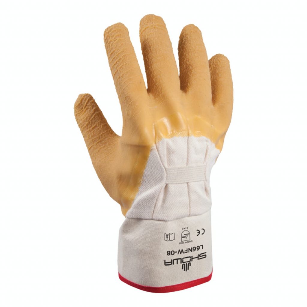 SHOWA® L66NFW Natural Rubber Palm-Coated Safety Cuff Glove, White/Yellow