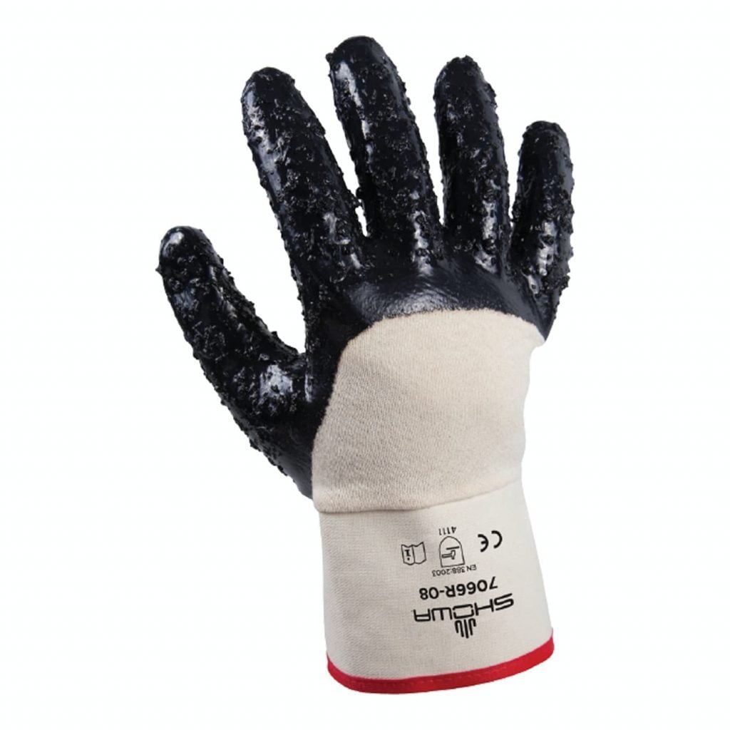 SHOWA® 7066R Nitrile Palm-Coated Grip Glove, Rubberized Safety Cuff, Rough Finish, White/Navy