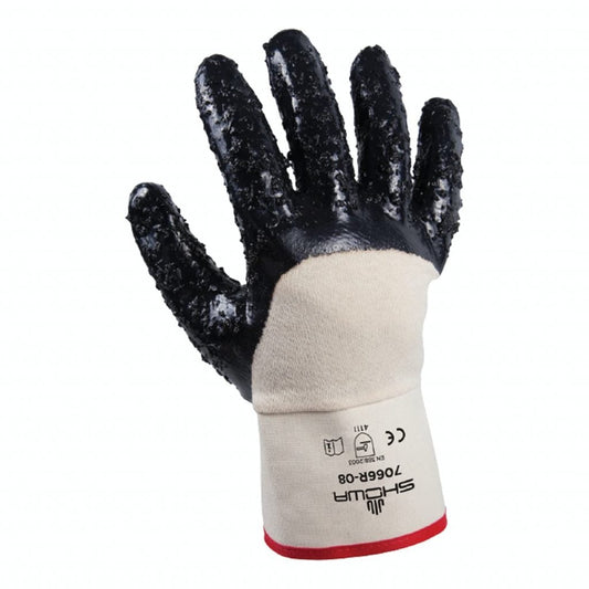 SHOWA® 7066R Nitrile Palm-Coated Grip Glove, Rubberized Safety Cuff, Rough Finish, White/Navy