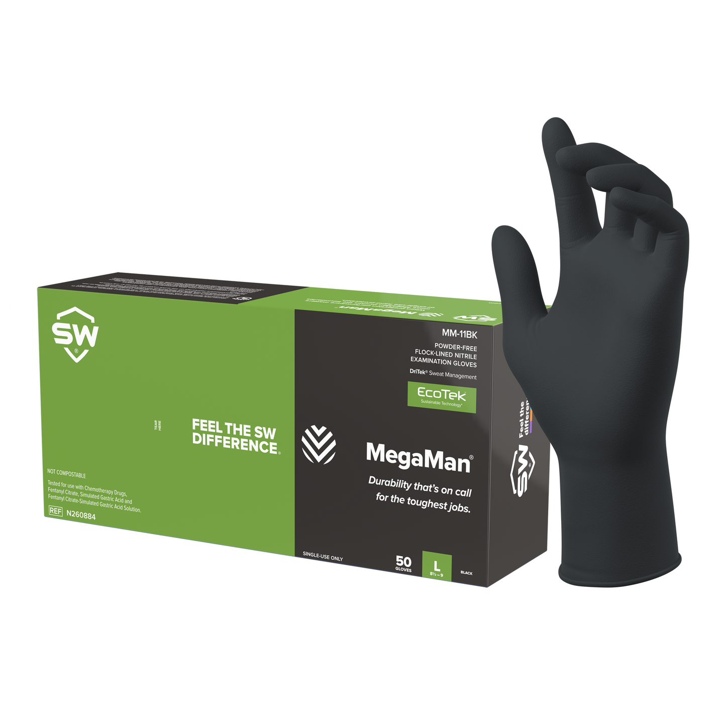 Better for the planet, SW® Sustainable Solutions MM-11BK MegaMan® EcoTek® DriTek® Biodegradable 10.1-mil Black Powder-Free Latex-Free Nitrile Exam Gloves pushes the boundaries of single-use hand protection performance, with new levels of abrasion resistance, sweat management, and comfort that deliver in exceedingly severe environments. Proven to resist dangerous fatal toxins and chemotherapy drugs.