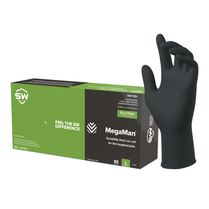 Better for the planet, SW® Sustainable Solutions MM-11BK MegaMan® EcoTek® DriTek® Biodegradable 10.1-mil Black Powder-Free Latex-Free Nitrile Exam Gloves pushes the boundaries of single-use hand protection performance, with new levels of abrasion resistance, sweat management, and comfort that deliver in exceedingly severe environments. Proven to resist dangerous fatal toxins and chemotherapy drugs.