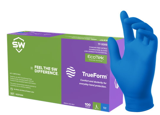 SW® Sustainability Solutions TF-95RB TrueForm® GreenCircle Certified Biodegradable EcoTek® 4.7-mil Powder-Free Latex-Free Nitrile Exam Gloves biodegrade by 92.6% in only two years and 6 months under test method ASTM D5526-12 and protect against fatal toxins for 4 hours.