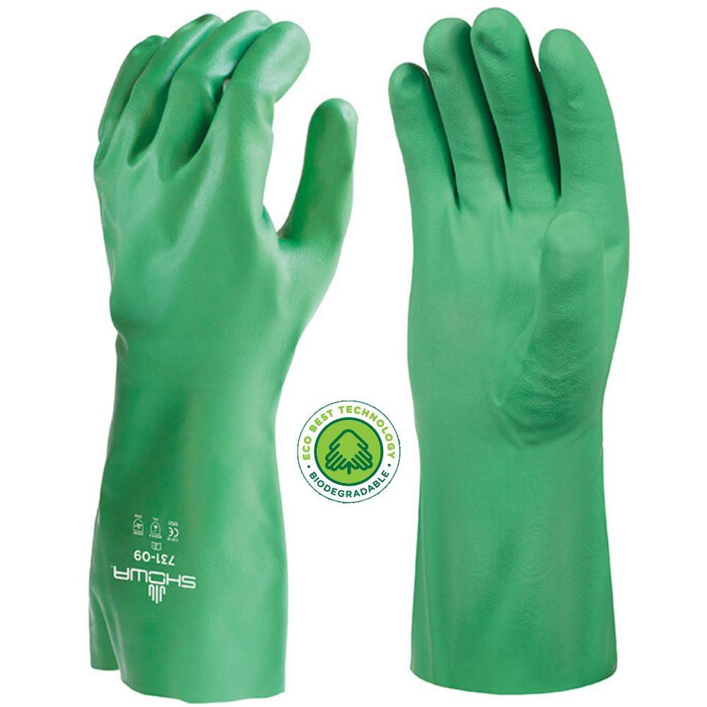 These GreenCircle certified TAA compliant Showa® 731 flocked-lined 15-mil thick nitrile gloves with EBT (Eco-Best Technology®) provide strong chemical-resistance against solvents and acids.