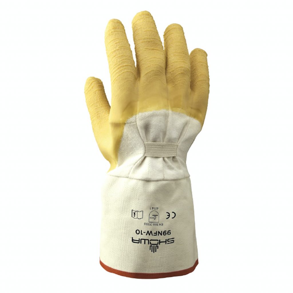 SHOWA® 99NFW Natural Rubber Palm-Coated Gauntlet Glove, White/Yellow, Large