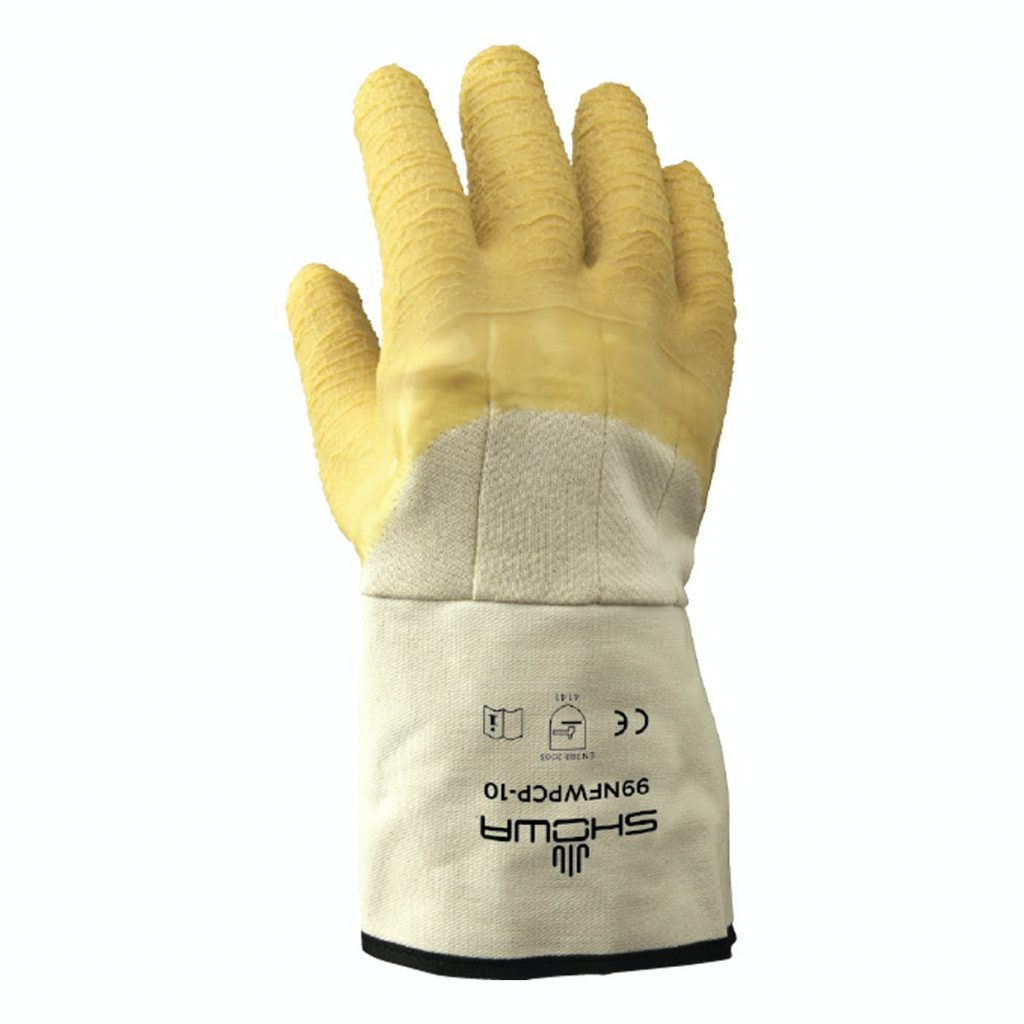 SHOWA® 99NFWPCP Natural Rubber Palm-Coated Gauntlet Glove w/ Palm Crotch Patch, White/Yellow