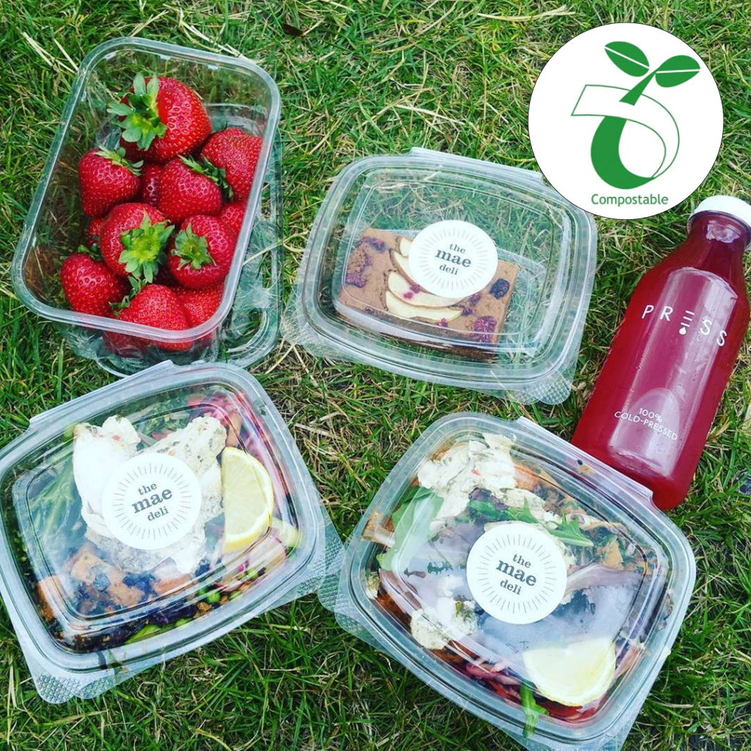 BioSelect® 8oz PLA Hinged Deli Containers are made with using Ingeo™ corn resins that are  ASTM-D6400 certified biodegradable and compostable. These crystal clear, snap shut containers are perfect for salads, desserts, sandwiches, nuts, dips, meats, vegetables, fruit and more 