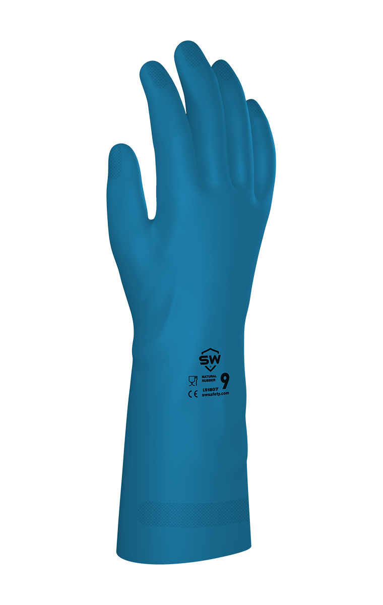 SW® SkinGuard™ PC-F22B 22-Mil Flock-Lined Natural Rubber Latex Chemical Resistant Gloves, 12.6", Blue