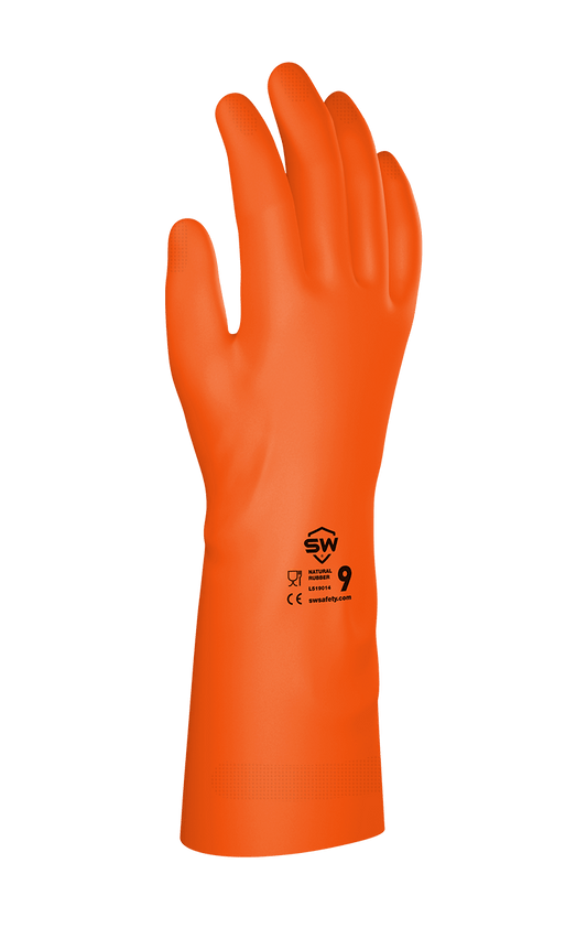 SW® SkinGuard™ F28O 28-Mil Flock-Lined Natural Rubber Latex Chemical Resistant Gloves, 13", Orange