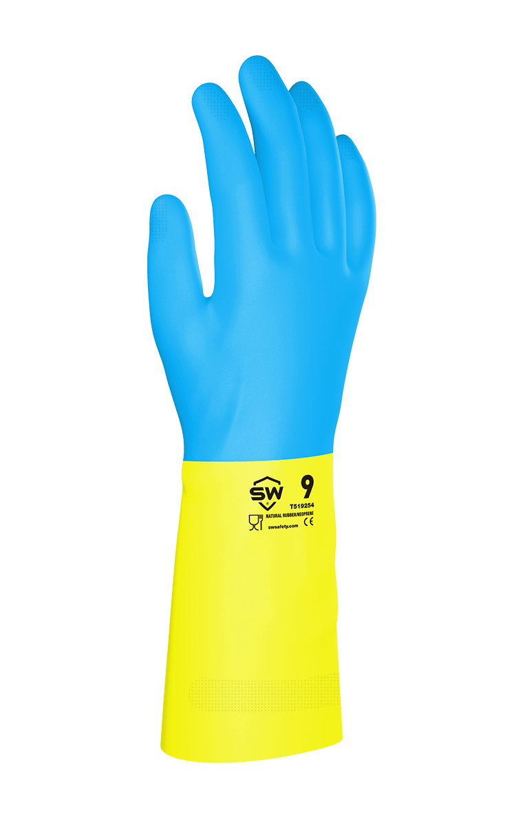 SW® SkinGuard™ F28YB 28-Mil Flock-Lined Latex & Neoprene Chemical Resistant Gloves, 13", Blue/Yellow
