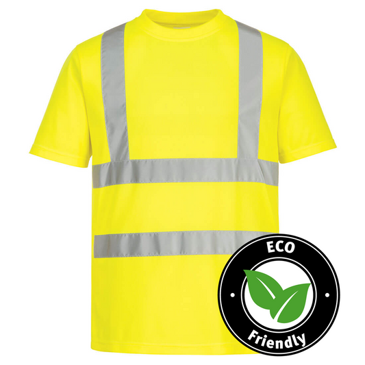 Portwest® Planet EC12 ECO Class 2 Hi-Vis Short Sleeve Work T-Shirts with reflective tape are made with recycled polyester & P.E.T. fibers