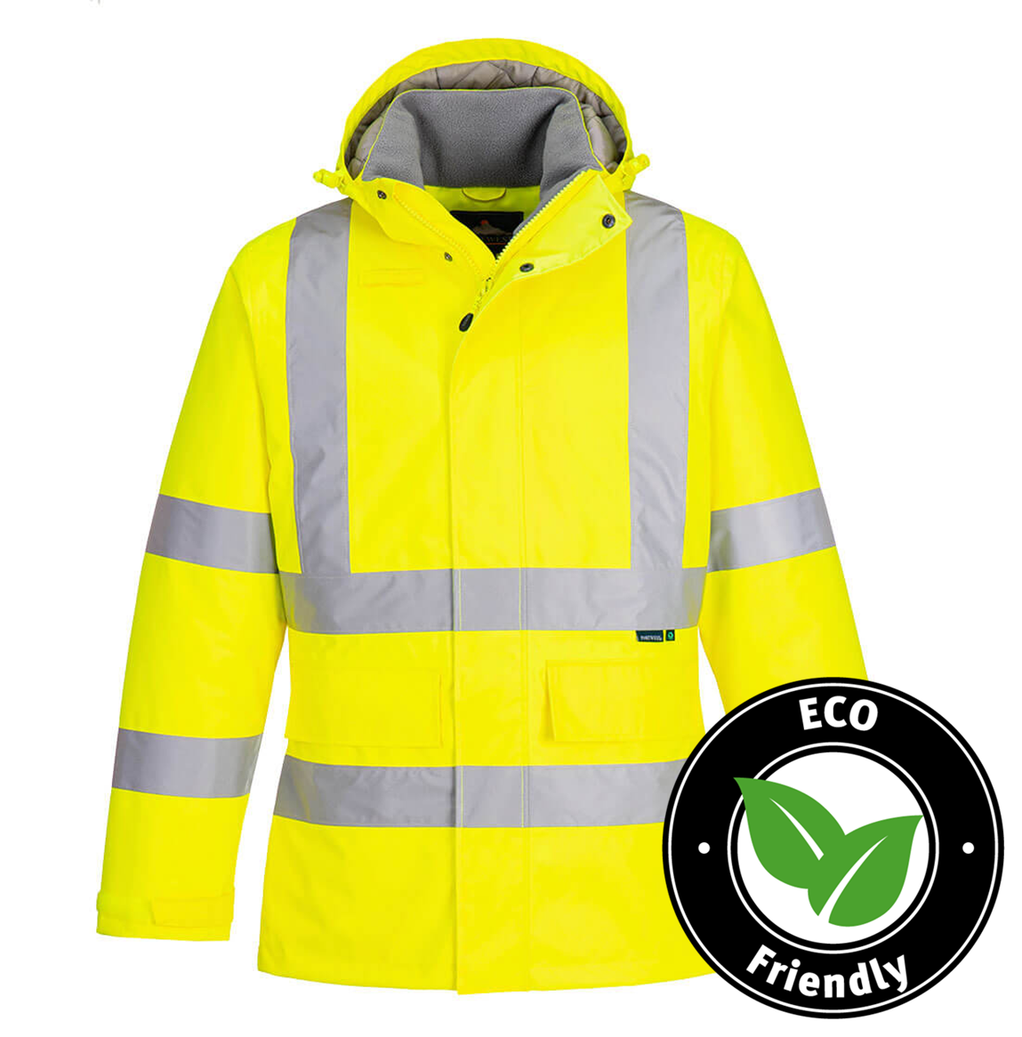 Portwest® Planet EC60 ECO Hi-Vis Winter Jackets are made with environmentally friendly recycled polyester and features reflective tape, detachable lined hood, mic tabs, drawcord, internal pocket and water resistant fabric finish.