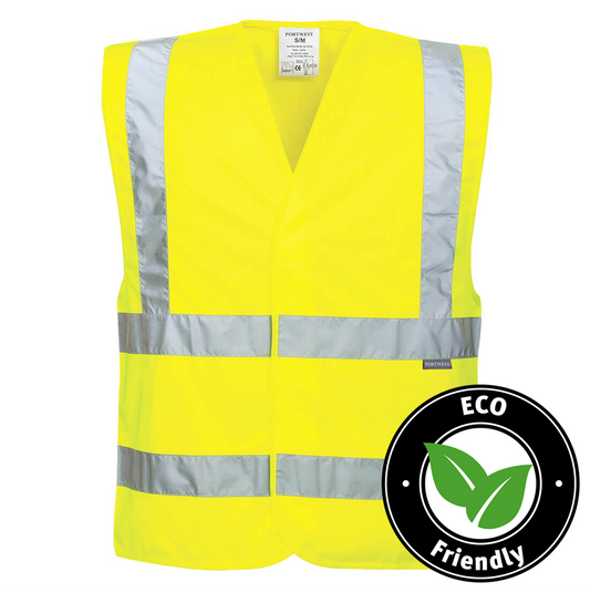 Portwest® Planet EC76 ECO Hi-Vis Safety Vests with reflective tape are made with recycled polyester and P.E.T. fibers certified to ANSI/ISEA 107 after 50x washes.